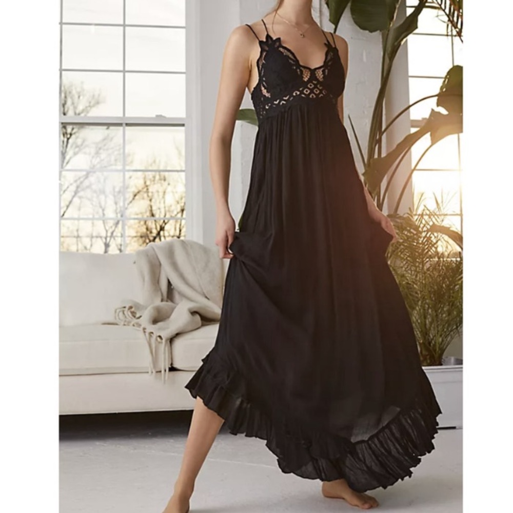 Free People FP One Black Crochet Top Adella Maxi Slip Dress Tiered Hem Fairy